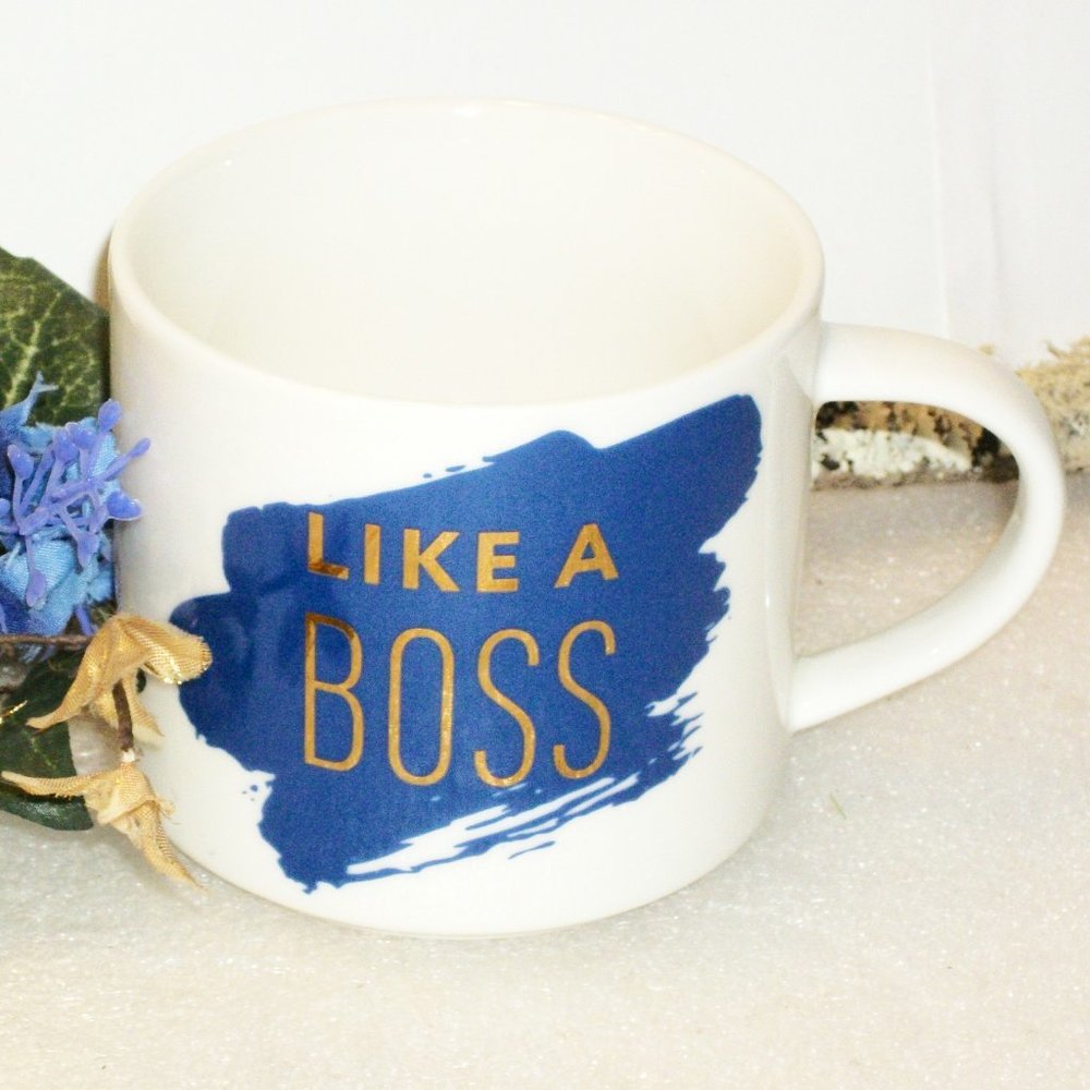 Threshold NWT "LIKE A BOSS" Coffee Mug 15oz White Blue Gold Metallic